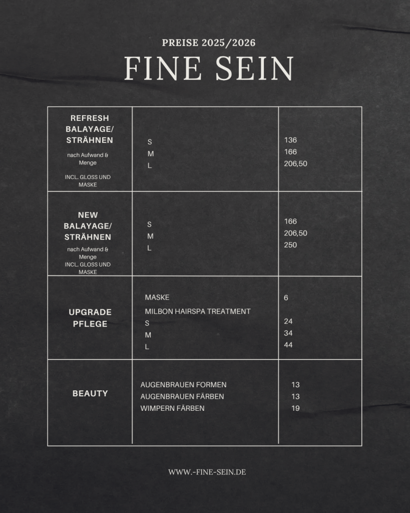 Preisliste Fine Sein – Seite 2: Preise nach Zeitaufwand.